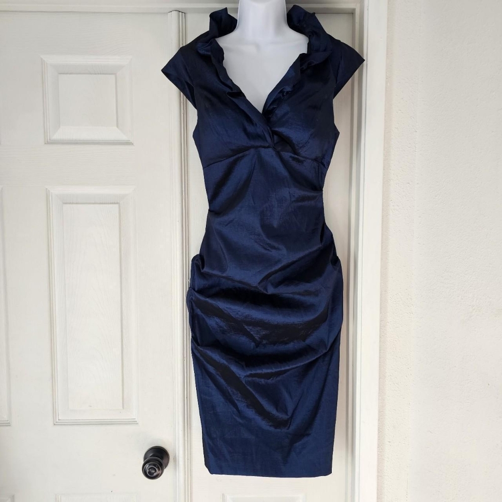 Blue reflective formal bodycon midi dress